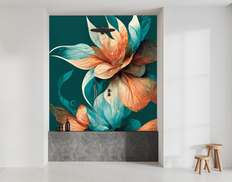Creatief abstract bloemmotief Aqua Zalm kleuren