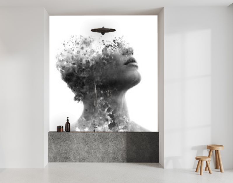 Paintografie. Dubbelbelicht portret van een aantrekkelijk model gecombineerd met handgetekende inktschildering met diepte en textuur