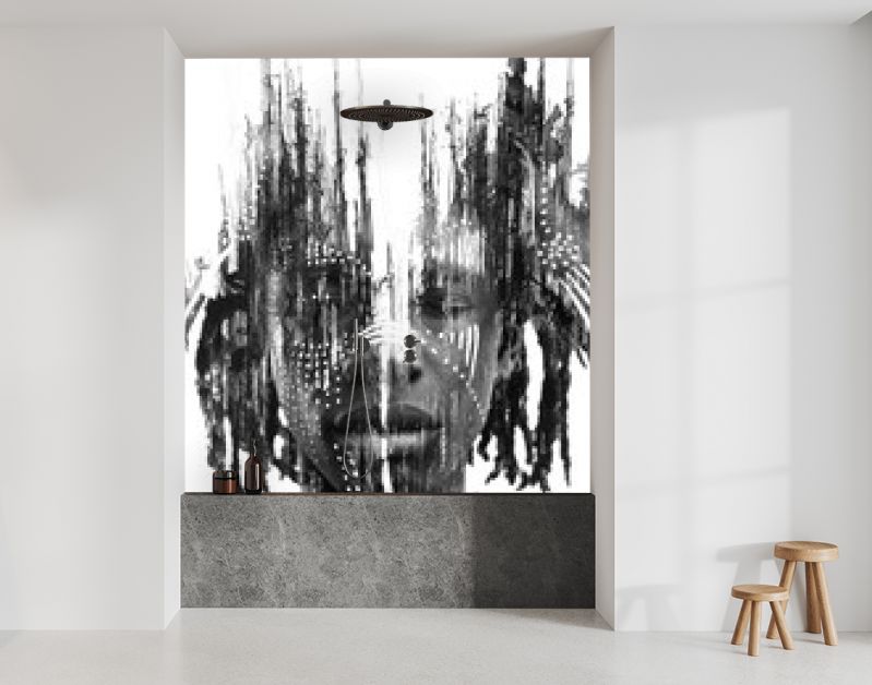 Paintografie. Expressieve Afrikaanse man gecombineerd met dramatische dubbele belichtingstechnieken en met de hand getekende schilderijen