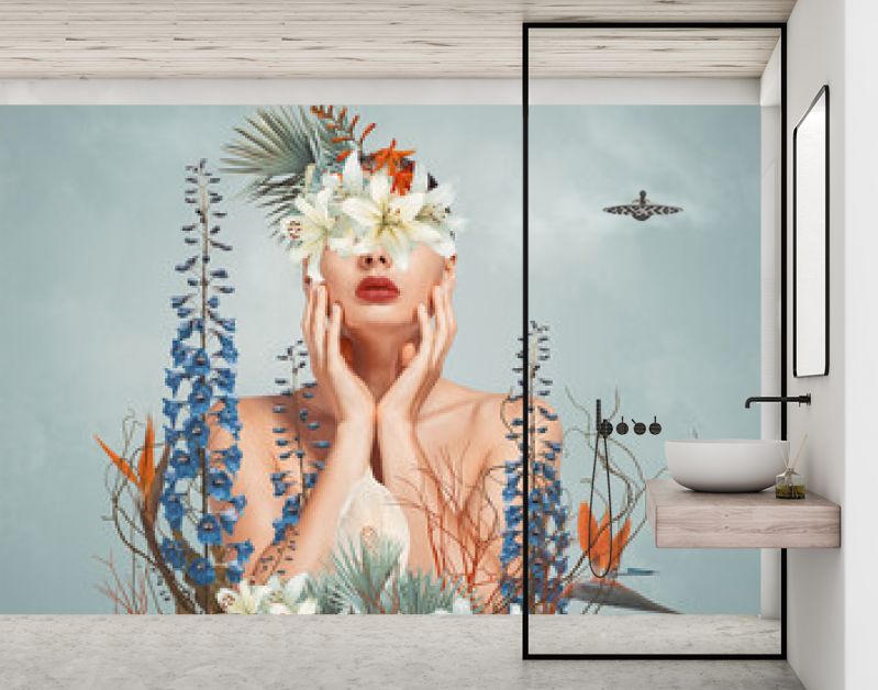 Abstracte kunstcollage van jonge vrouw met bloemen