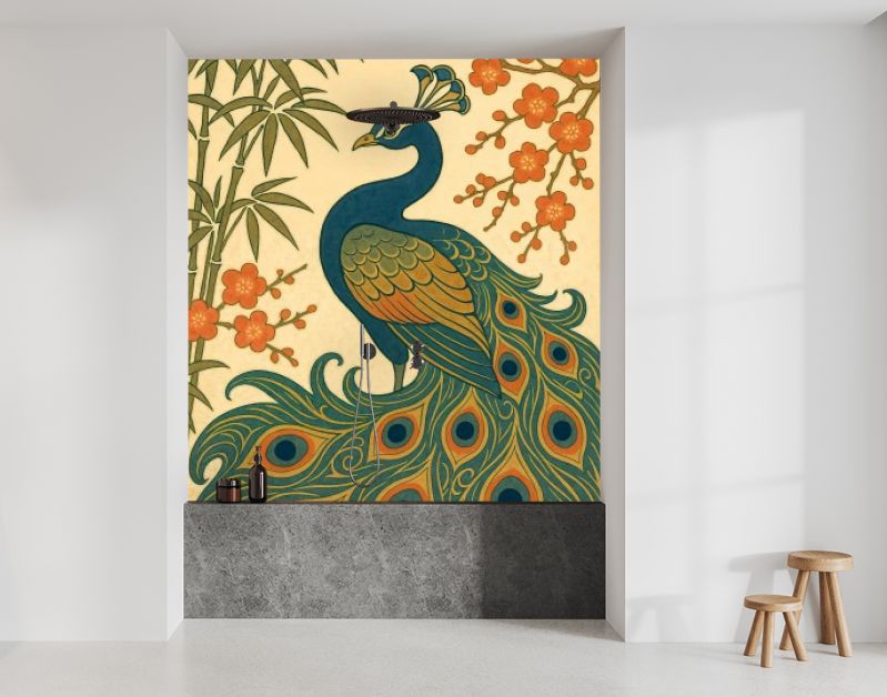 Japanse pauw met bamboe en bloesem in ukiyo-e stijl