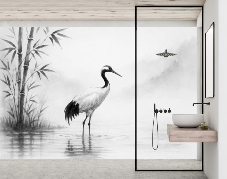 Kraanvogel aan de rivier in Japanse inkstijl