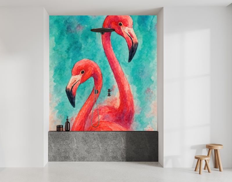 Twee roze flamingo’s tegen tropische turquoise achtergrond