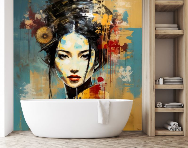 Geisha grace vintage elegance in steel blue and warm ocher