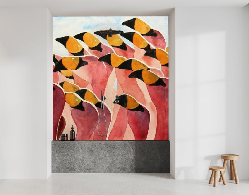 Groep flamingo’s met opgeheven koppen