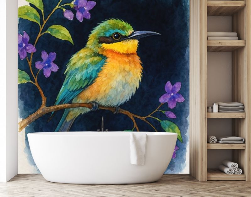 Tropische bijeneter vogel op tak met paarse bloemen