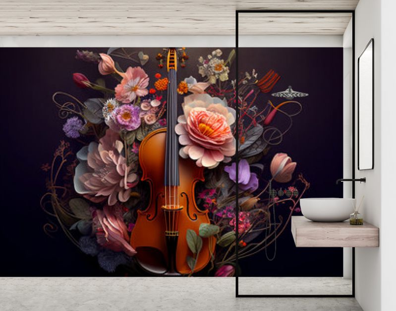 viool en bloemenkunst op de donkere achtergrond. Generatieve AI.
