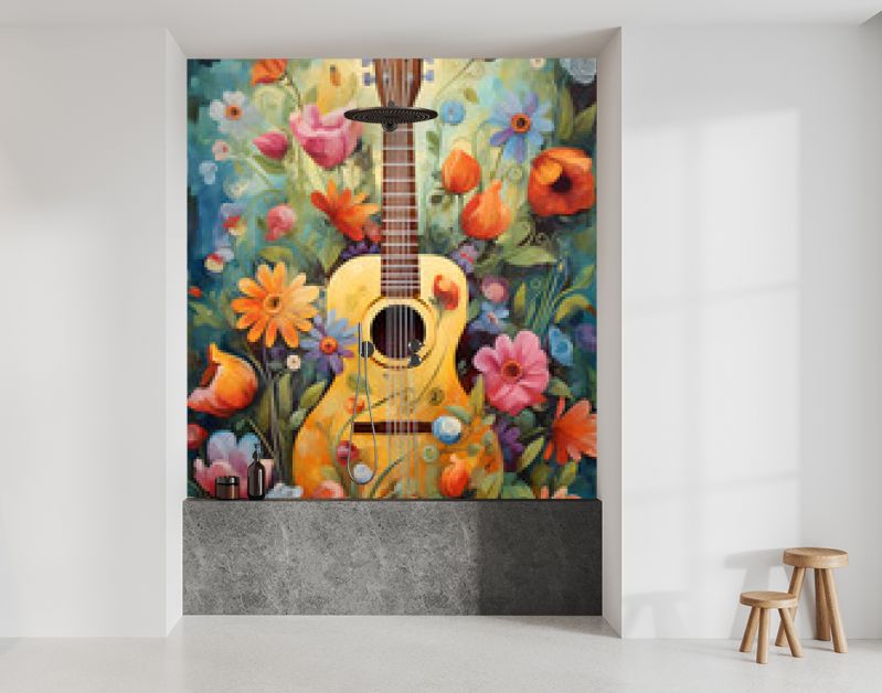 Gitaar met bloemen kleurrijke muur kunst muziek print wallpaper achtergrond - gitaar olieverfschilderij - muziekinstrument artwork