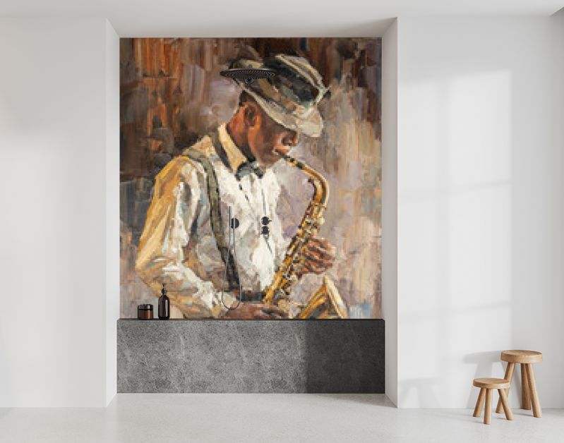 Stijlvolle jazzband die muziek speelt op het toneel, achtergrond is bruin. Paletmestechniek van olieverf en penseel. .De jazzman speelt de sexofoon.