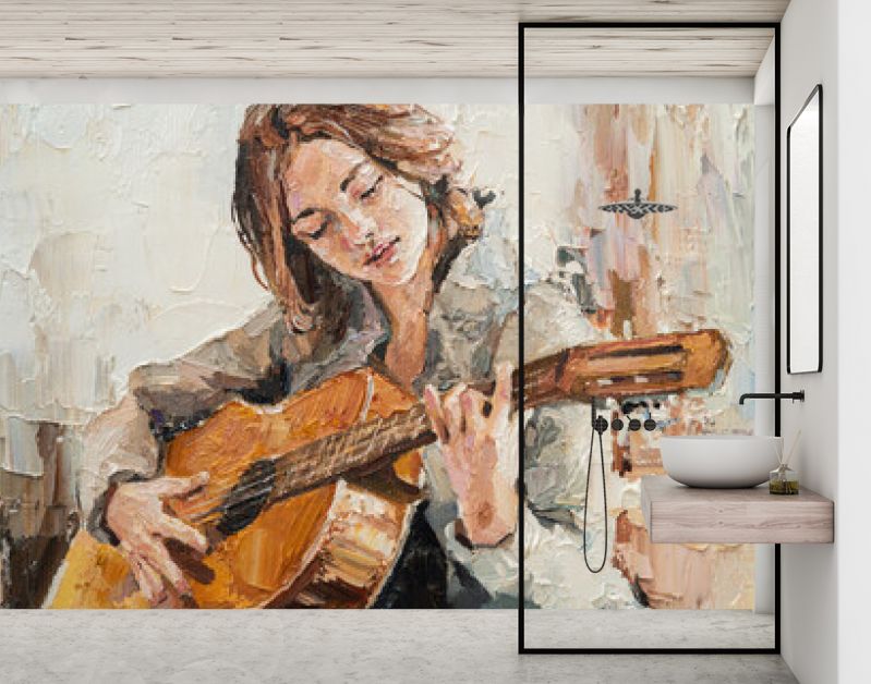 .Het meisje speelt gitaar. Muzieklessen. Olieverfschilderij op doek.