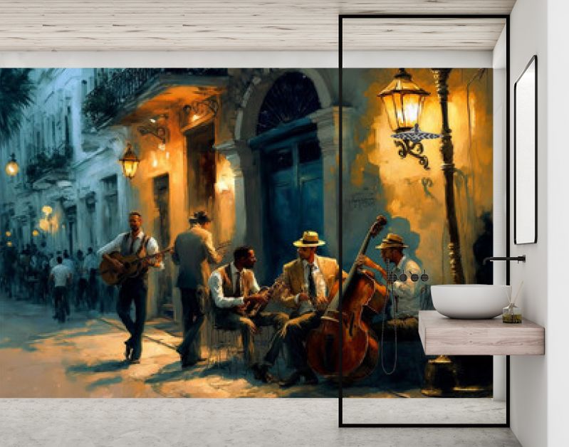 jazzband Havana Street, olieverfschilderij. Generatieve AI