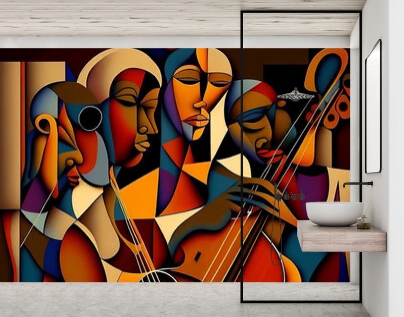 Afro-Amerikaans vrouwelijk en mannelijk klassiek musicusorkest dat een cello speelt in een abstract kubistisch stijlschilderij voor een muziekposter of flyer, computer Generative AI stock illustratie
