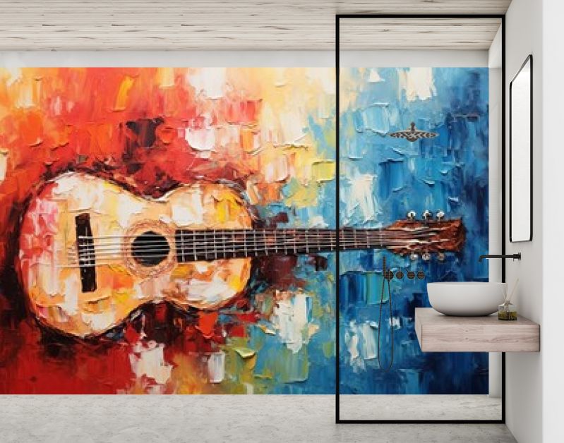 Getextureerd acrylschilderij van gitaar met paletmesstreken, bedoeld voor wanddecoratie, achtergronden, achtergrond, met aangewezen ruimte voor tekst.