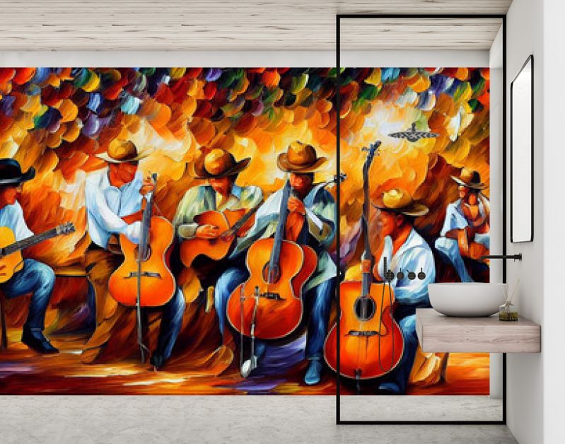 Sertanejo muziekprestatie digitale afbeelding, muzikanten in de nacht straatschildering in impressionistische stijl, Braziliaanse band met instrumentenfestival
