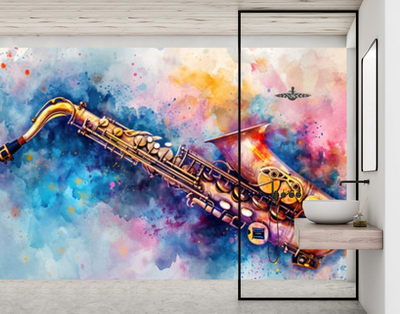 Saxofoon in aquarelmix die jazz op straat symboliseert.
