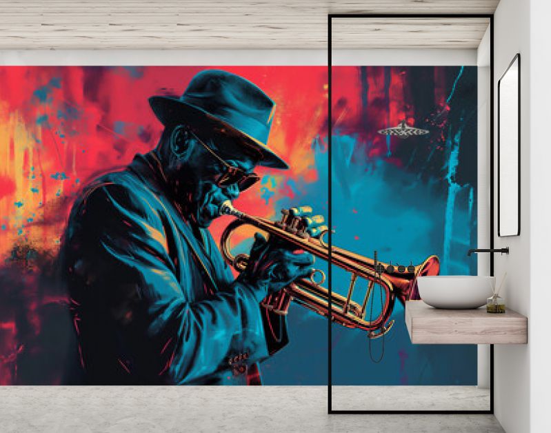 Afro-Amerikaanse mannelijke trompettist-muzikant die een koperen trompet speelt in een abstract vintage noodlijdend muziekschilderij voor een poster of flyer, stock illustratie