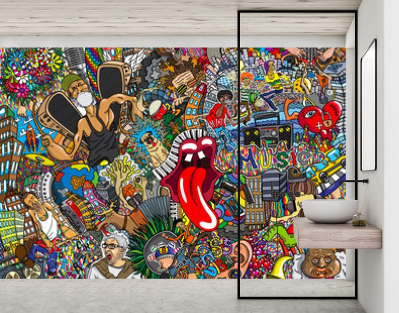Muziekcollage op een grote bakstenen muur, graffiti