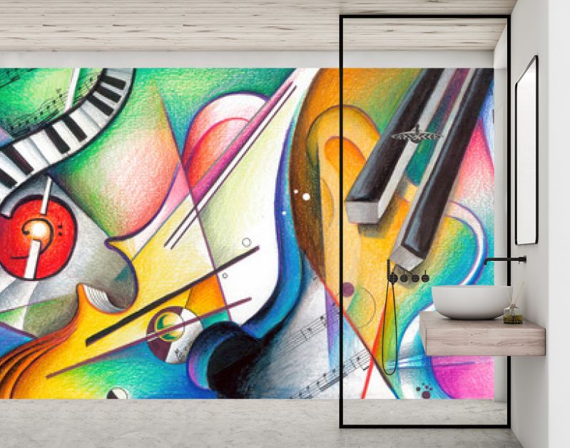 Muziek - Handgemaakte illustratie over muziek en muziekinstrumenten, kleurrijke tekening, muziekschilderij