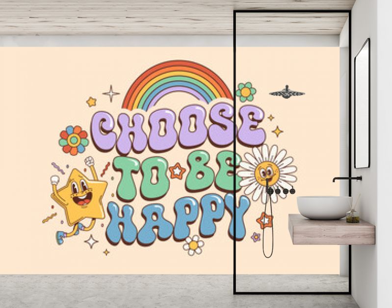 Groovy hippie quote Choose to Be Happy with retro 70s funky characters, vector banner. Hippie quote text with groovy rainbow and quirky daisy flower with comic star smile in 60s or 70s art background