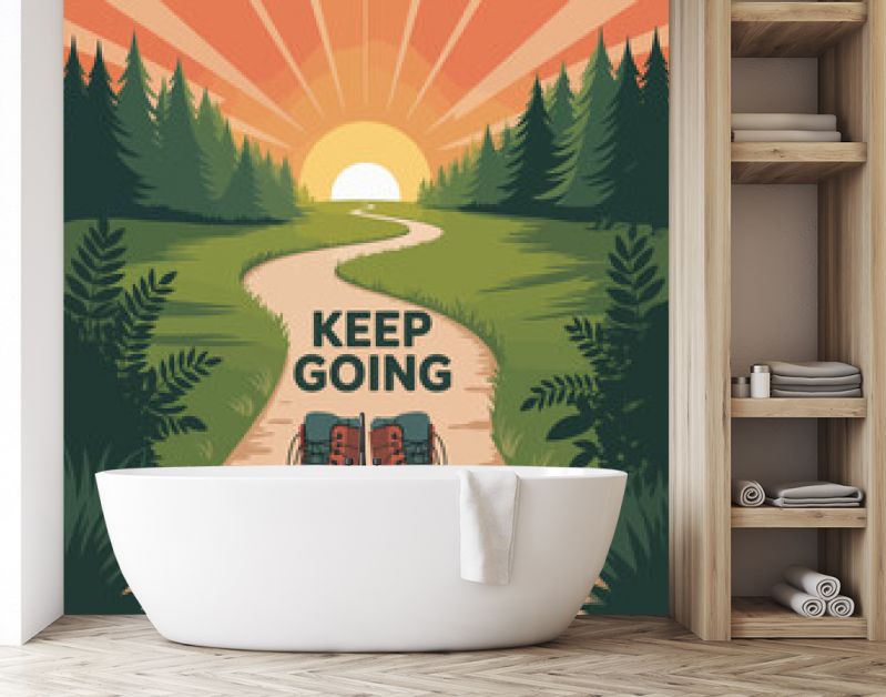 Inspirational motivational poster featuring hiking boots on a winding forest path under a vibrant sunrise promoting perseverance and encouraging quotes to keep going vector