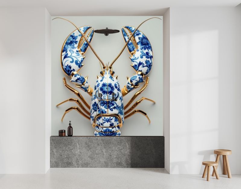 Delfts blauwe kreeft met goud op zacht salie