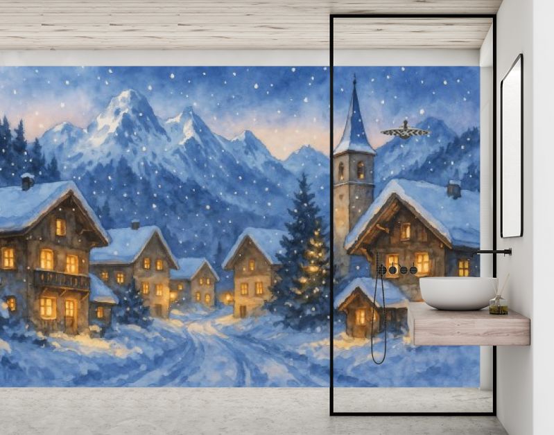 Winters Alpen­dorp met besneeuwde huizen en kerktoren