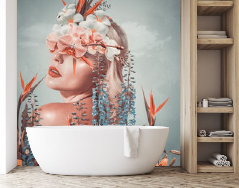 Abstracte kunstcollage van jonge vrouw met bloemen