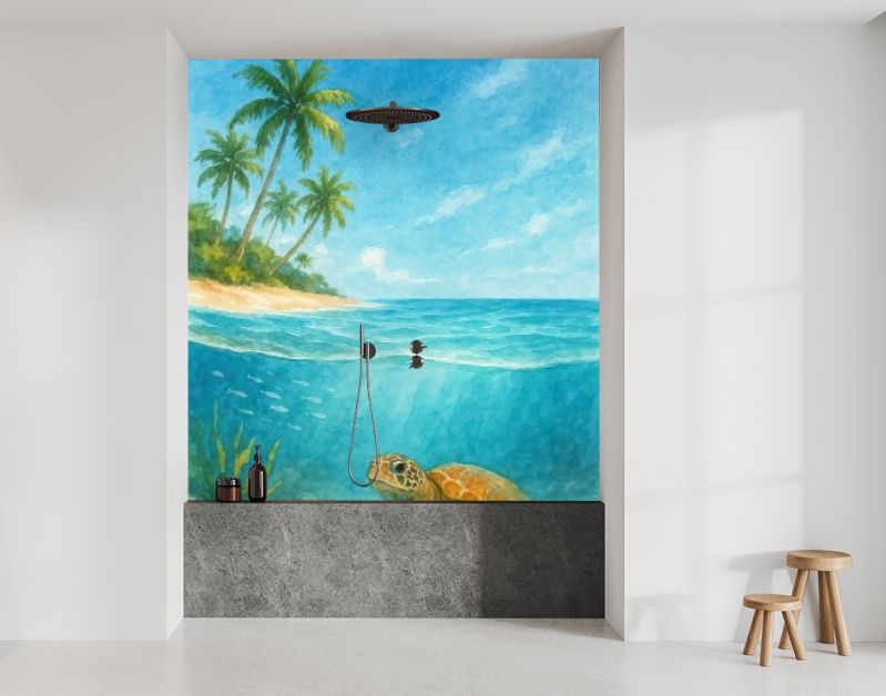 Schildpad bij tropisch strand en palmbomen