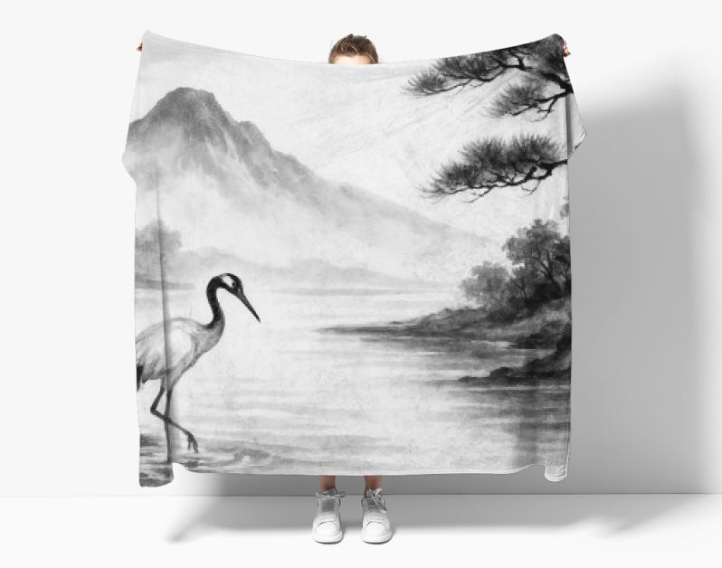 Japandi landschap met kraanvogel en bergen