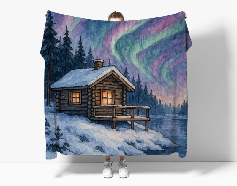 Houten blokhut aan het water met noorderlicht in Noorwegen