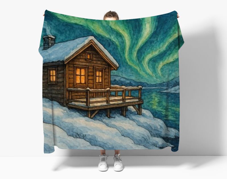 Houten huisje aan het water in Scandinavië bij noorderlicht