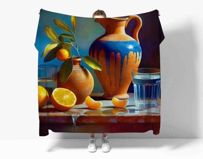 Terracotta blauwe Kan met clementines mandarijen