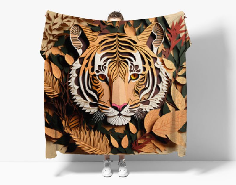 Papier gesneden ambachtelijke kunst illustratie van een tijger. Bladeren sierlijk. Vooraanzicht. Generatieve AI.