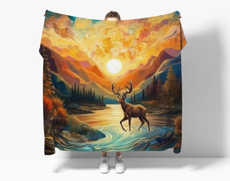 3d abstractie modern muurkunstdecorbehang met blauwe en gouden hertendieren met zonsondergangberg en bomen illustratie achtergrond generatieve ai