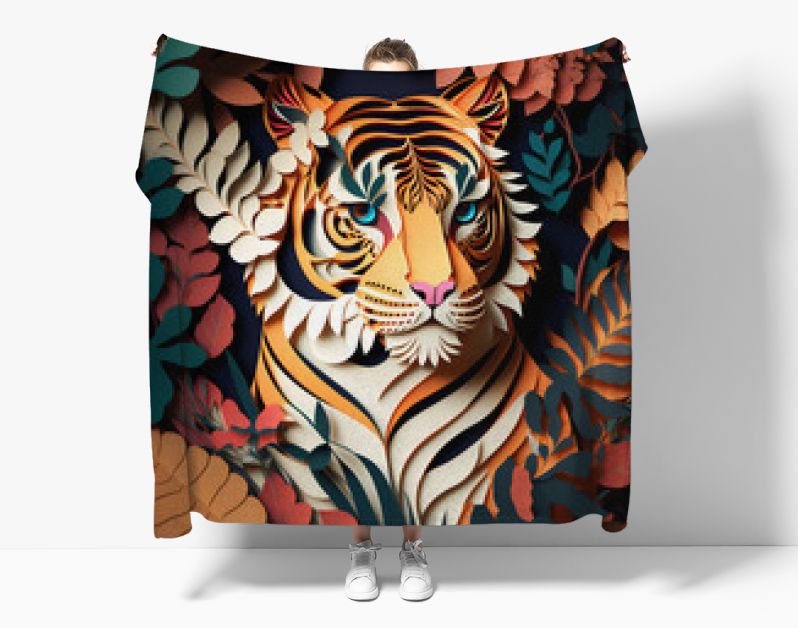 Papier gesneden ambachtelijke kunst illustratie van een tijger. Bladeren sierlijk. Vooraanzicht. Generatieve AI.