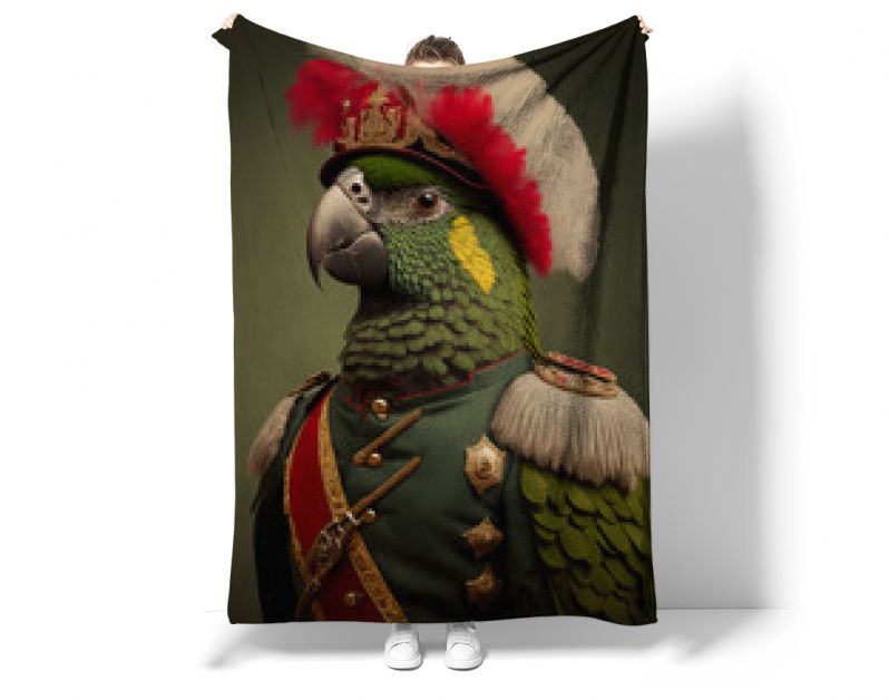 Een exotische papegaai die een traditioneel militair uniform draagt. Dierenportret in kleding. generatieve ai