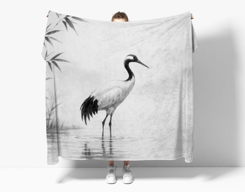 Kraanvogel aan de rivier in Japanse inkstijl