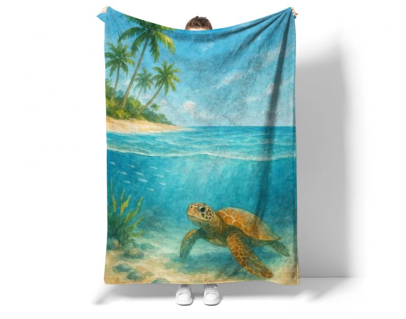 Schildpad bij tropisch strand en palmbomen