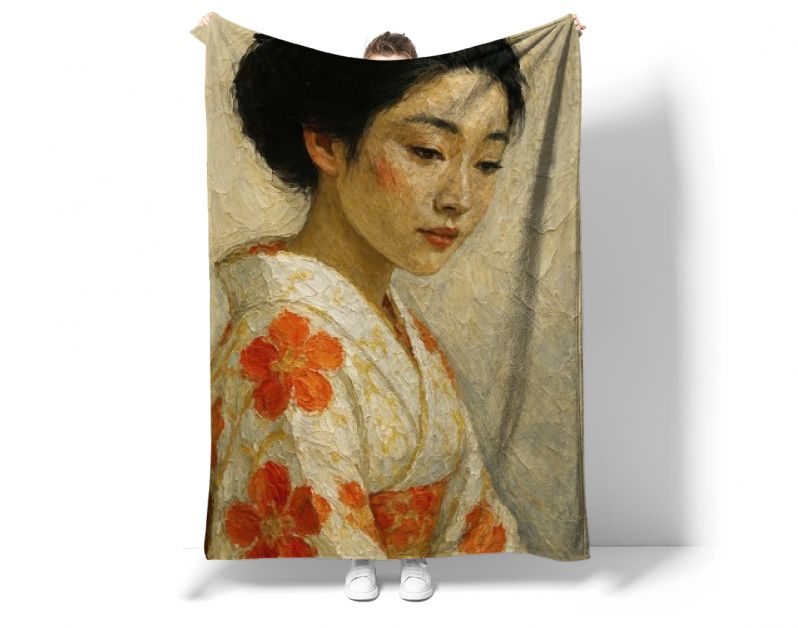 Japanse geisha in kimono met oranje bloemen
