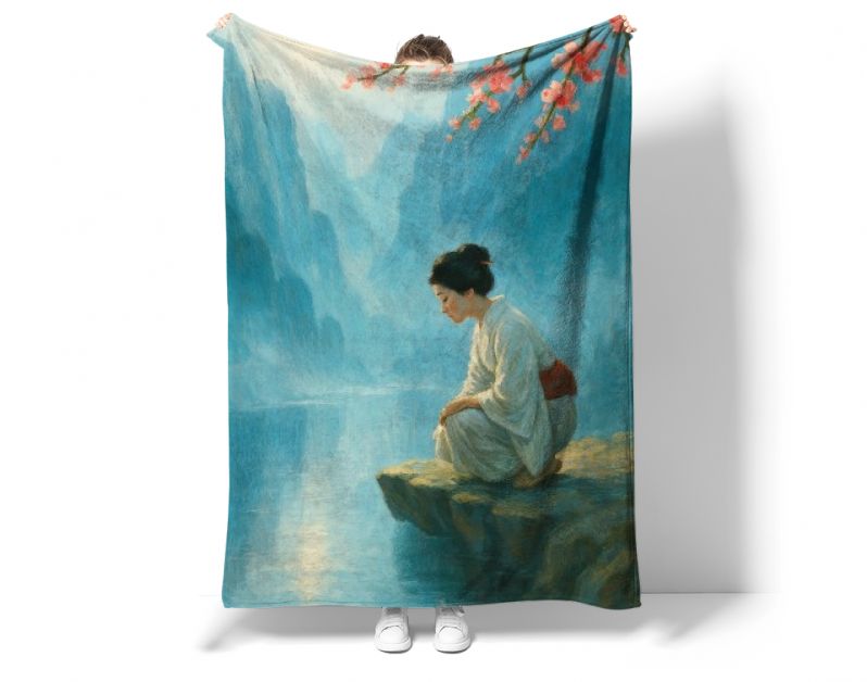 Japanse vrouw bij rivier met kersenbloesem