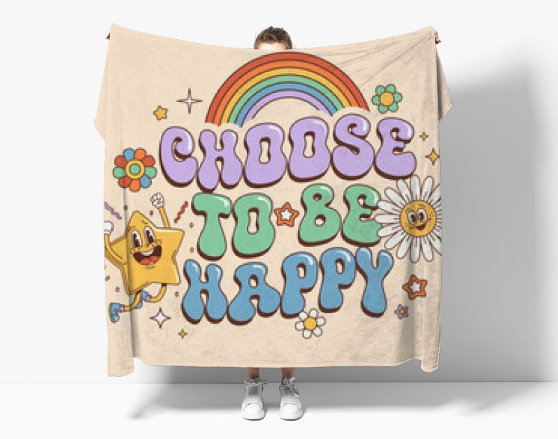 Groovy hippie quote Choose to Be Happy with retro 70s funky characters, vector banner. Hippie quote text with groovy rainbow and quirky daisy flower with comic star smile in 60s or 70s art background