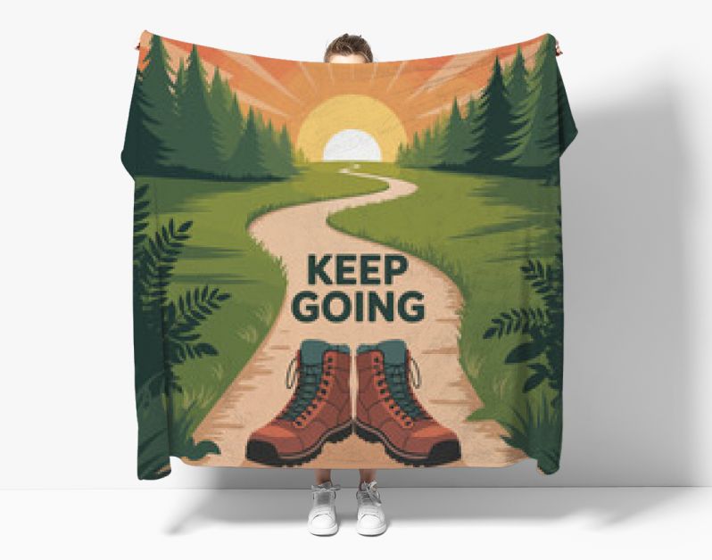 Inspirational motivational poster featuring hiking boots on a winding forest path under a vibrant sunrise promoting perseverance and encouraging quotes to keep going vector